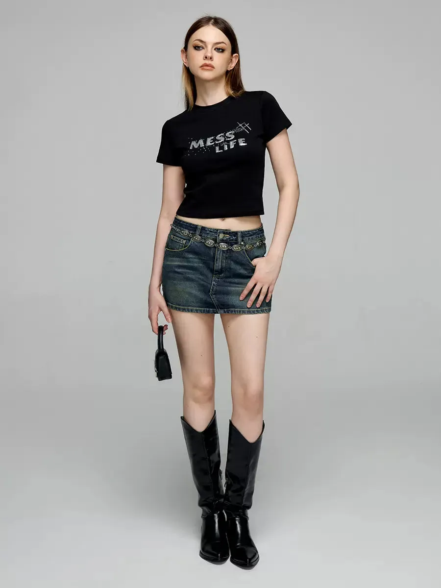 Denim Design Tight Short Logo Skirt