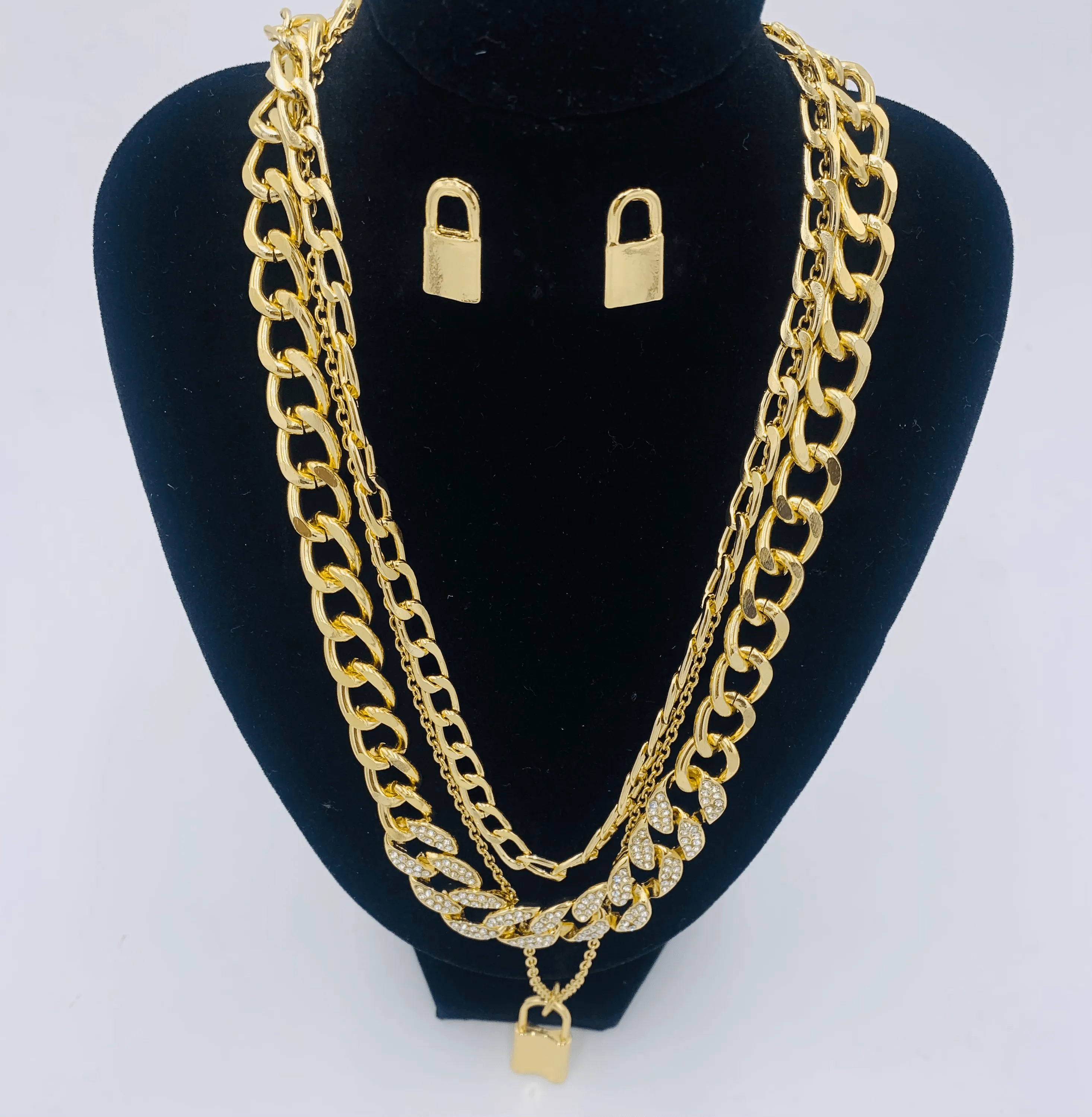Gold Tone 3 Chain Bling Lock Necklace