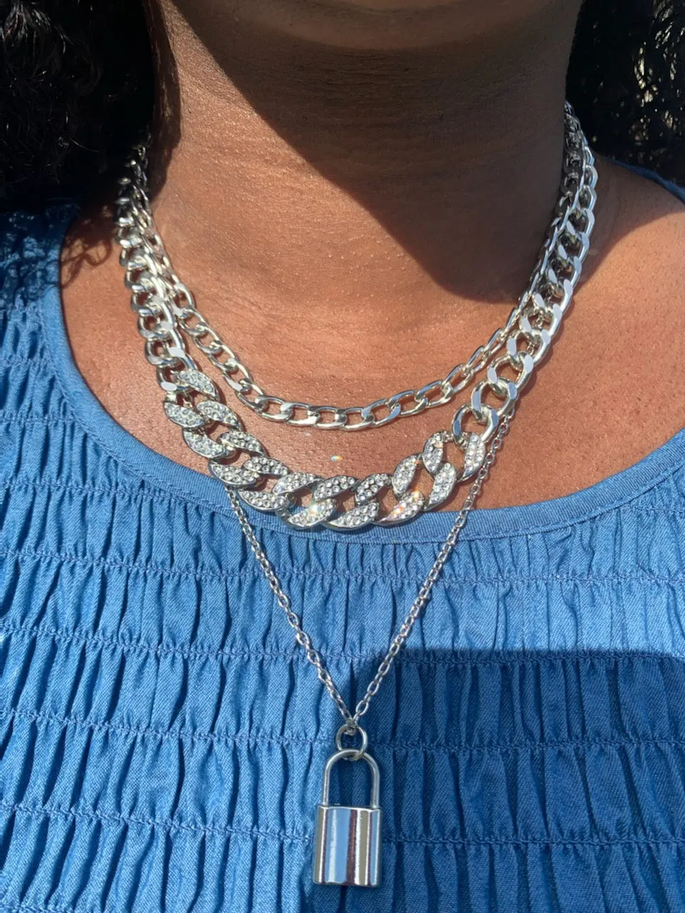 Gold Tone 3 Chain Bling Lock Necklace