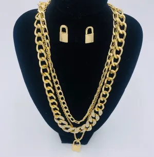 Gold Tone 3 Chain Bling Lock Necklace