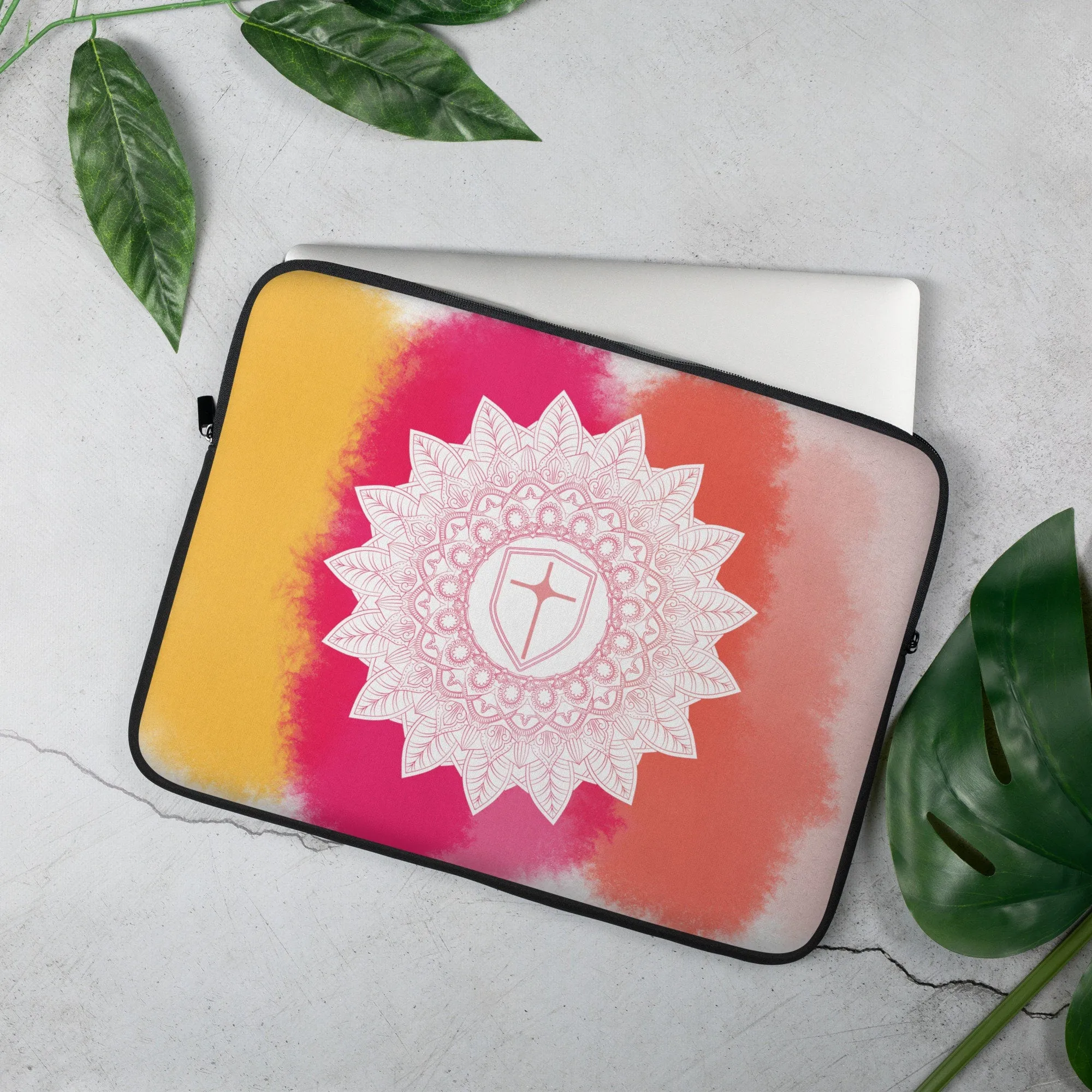 Laptop Sleeve for your Mac - featuring a white Mandala on an autumn colored background - watercolor style