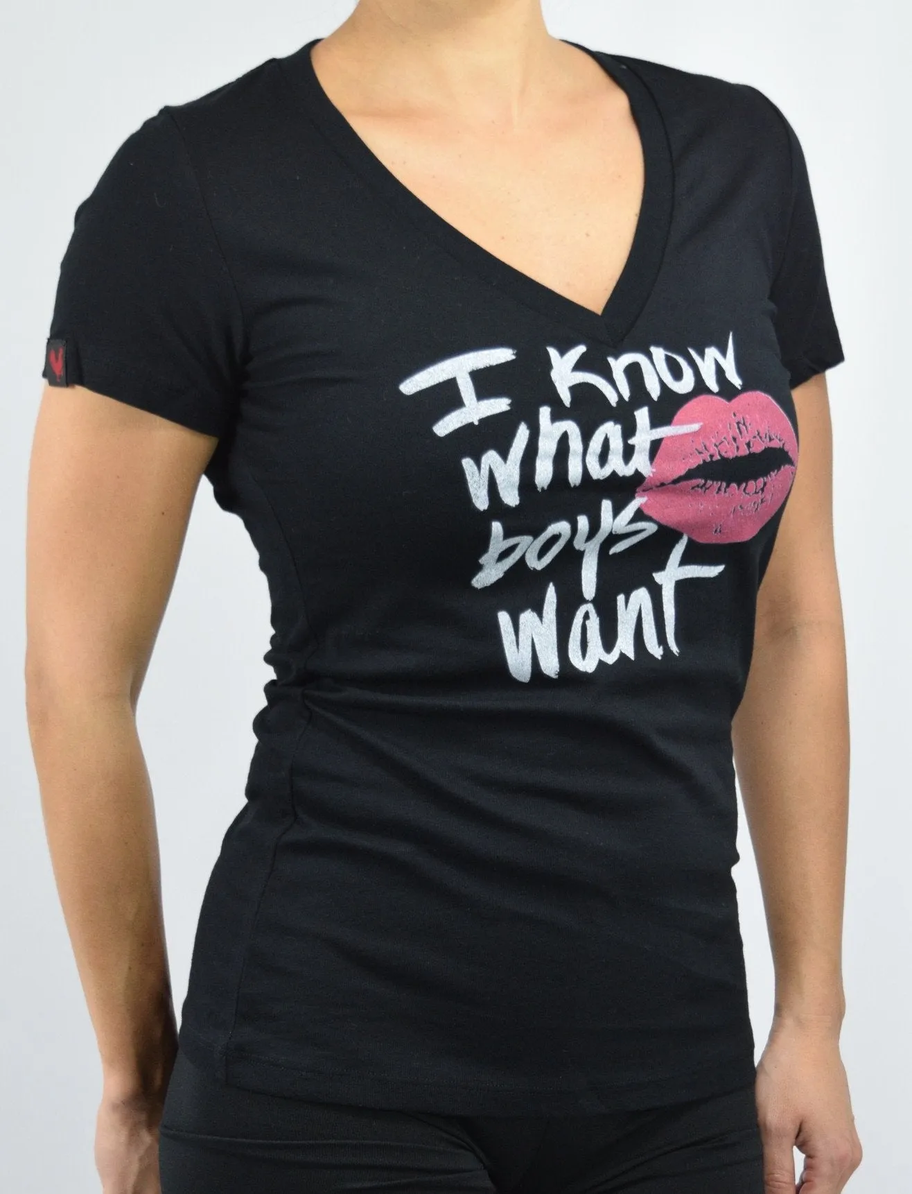 Naughty Girl Tee - I know what boys want Red Lips V Neck Black Tee