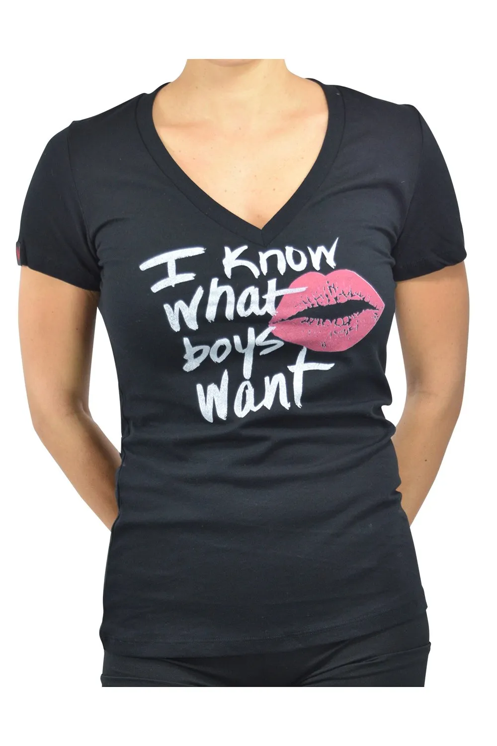 Naughty Girl Tee - I know what boys want Red Lips V Neck Black Tee