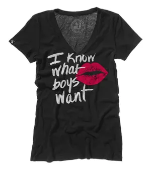Naughty Girl Tee - I know what boys want Red Lips V Neck Black Tee
