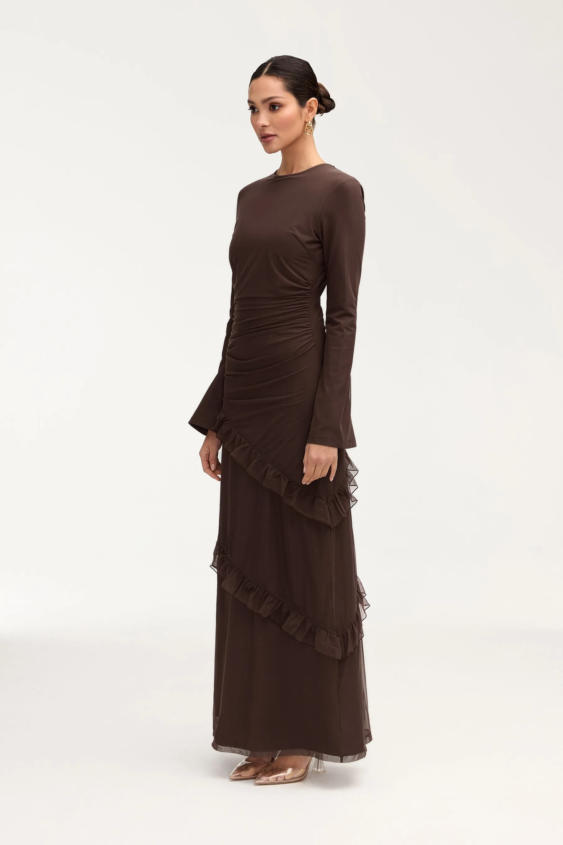 Sabrina Waterfall Mesh Maxi Dress - Espresso
