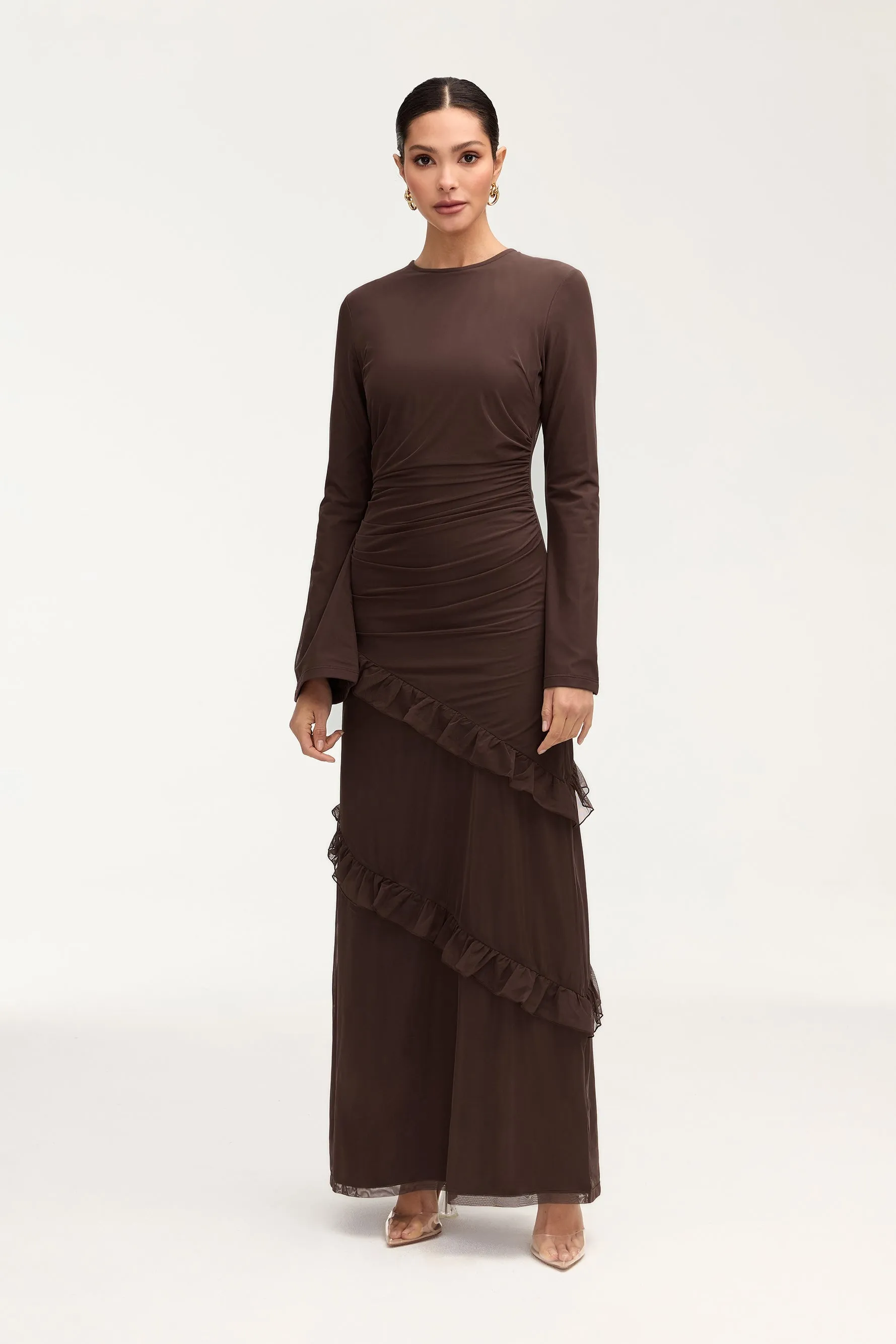Sabrina Waterfall Mesh Maxi Dress - Espresso