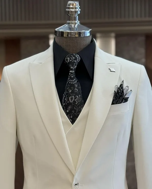 White Slim Fit 3 Piece Peak Lapel Suit for Men by GENT WITH