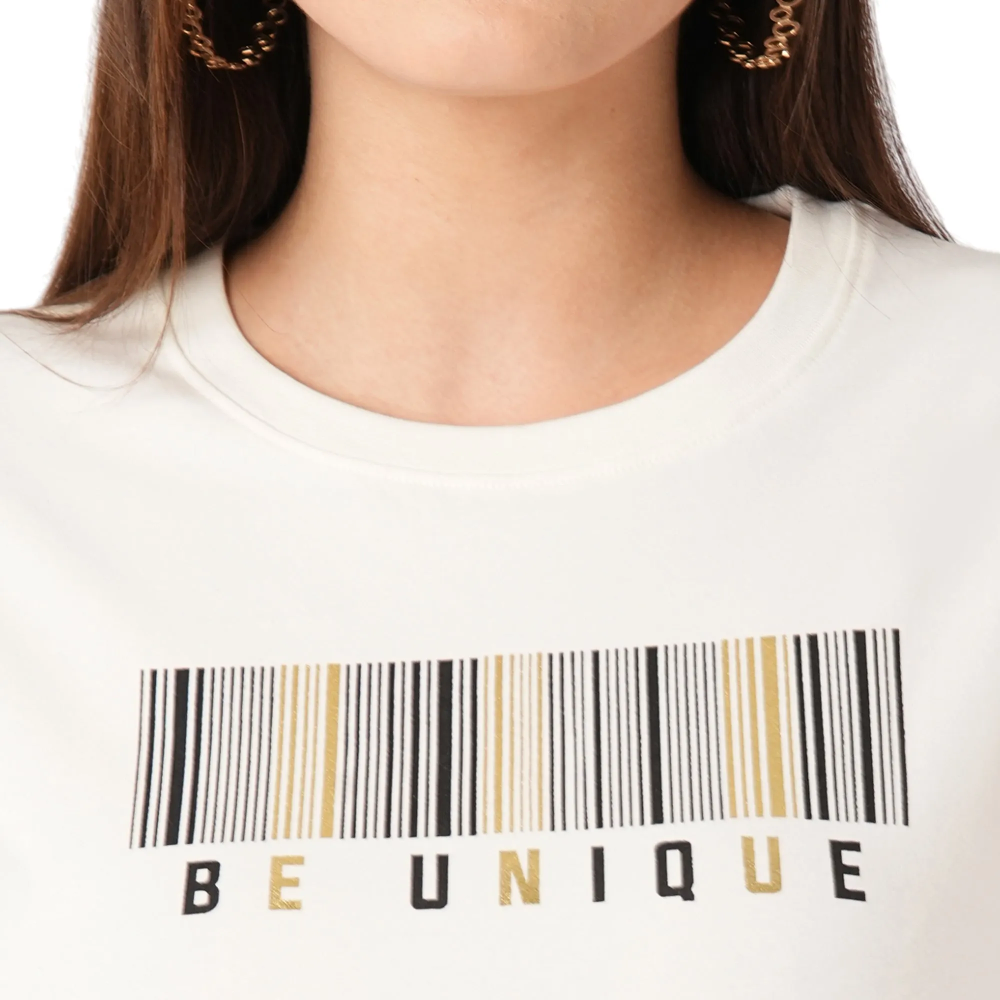 Women Slim Fit Ivory Boxy Chest Print T-Shirt