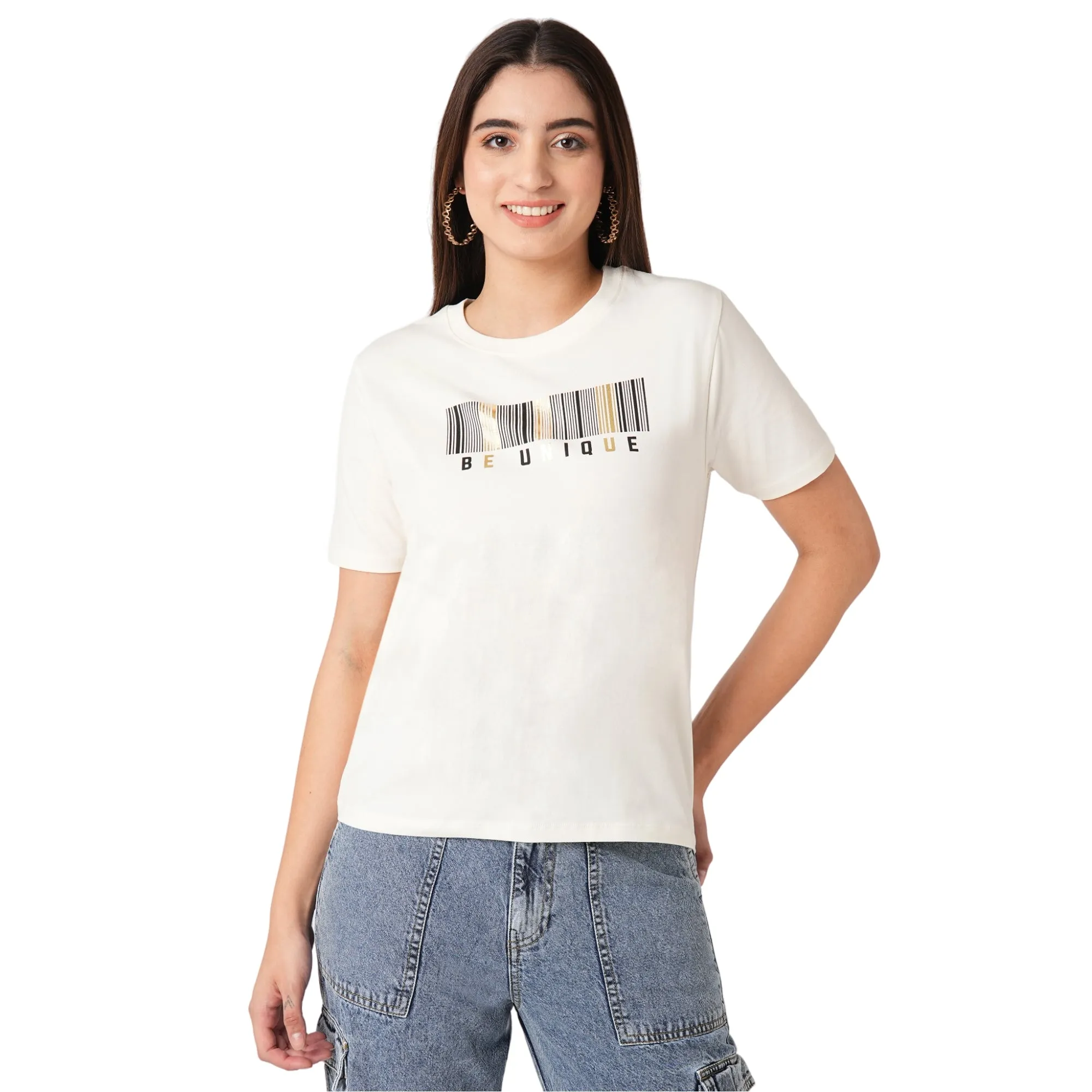 Women Slim Fit Ivory Boxy Chest Print T-Shirt