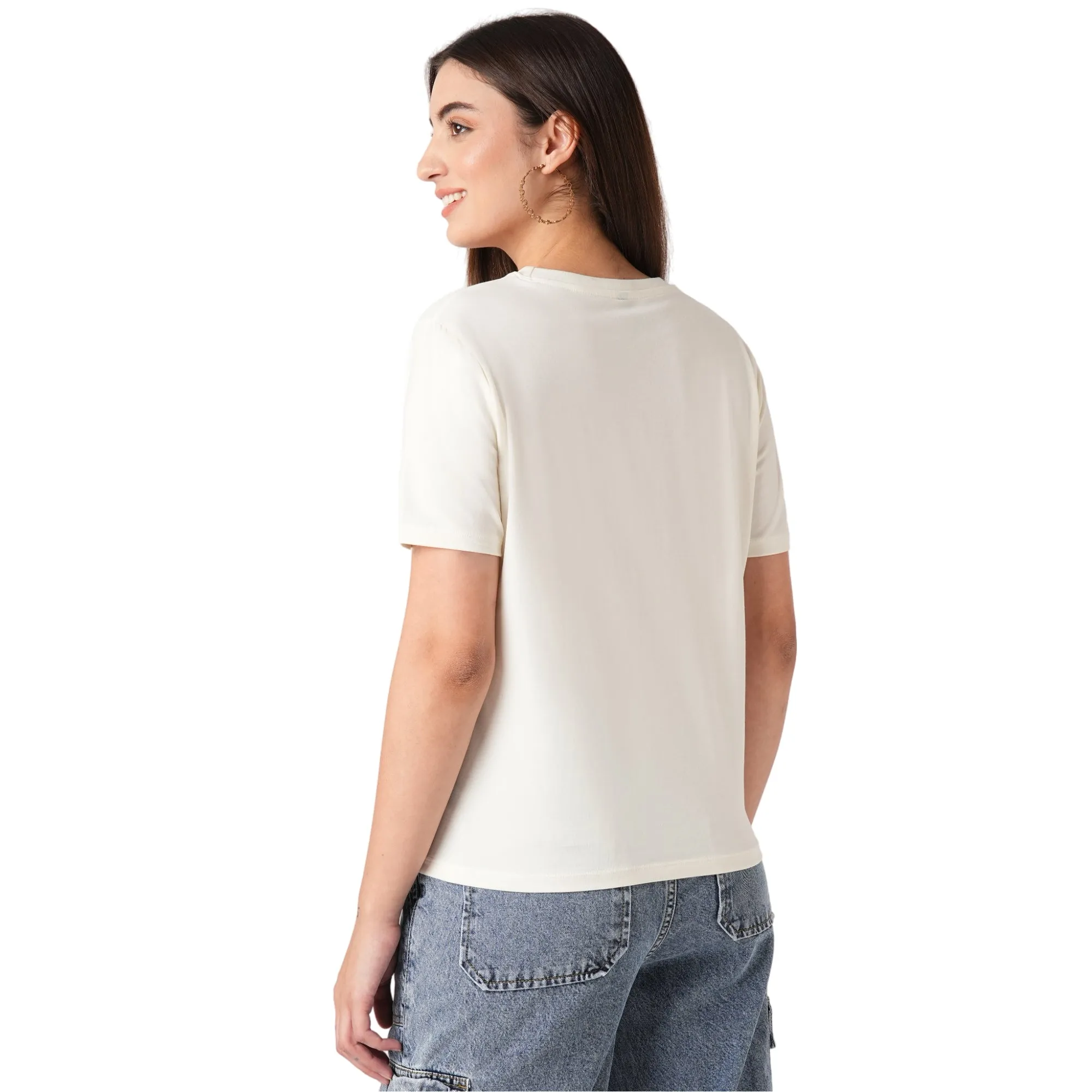 Women Slim Fit Ivory Boxy Chest Print T-Shirt