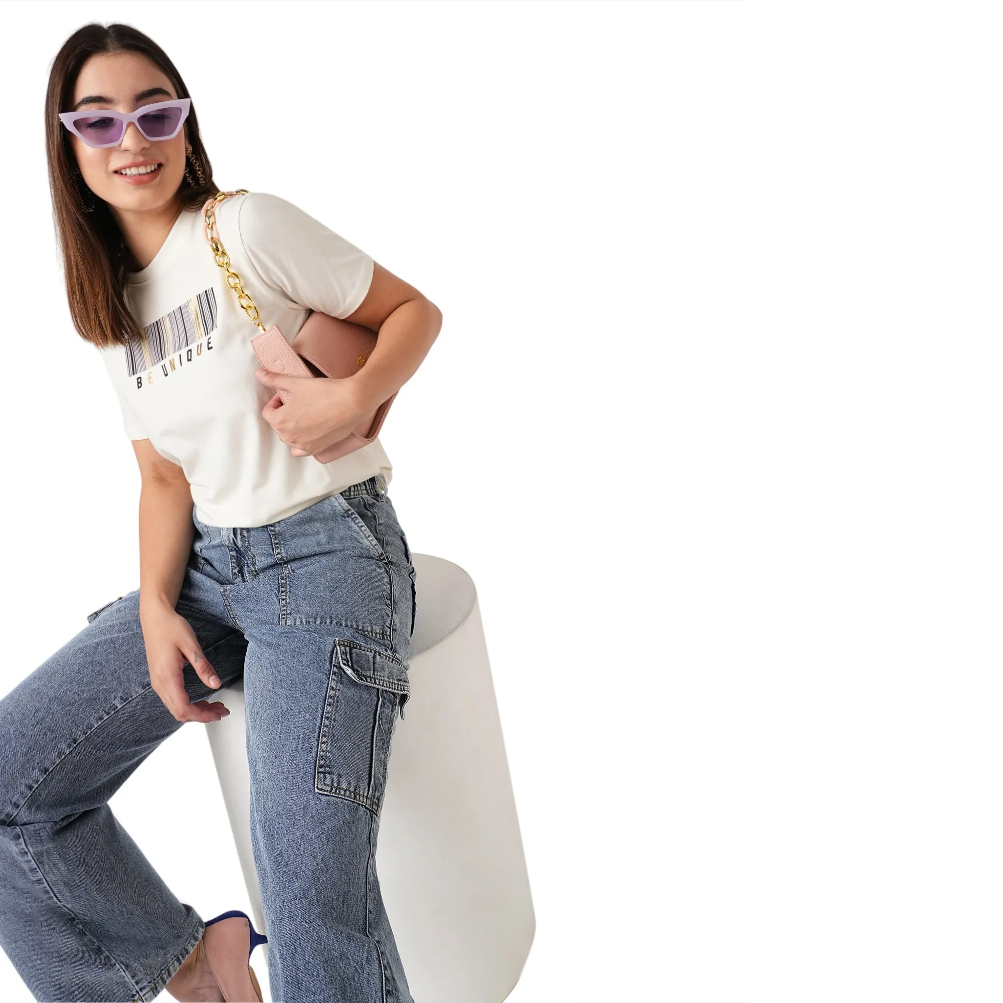 Women Slim Fit Ivory Boxy Chest Print T-Shirt