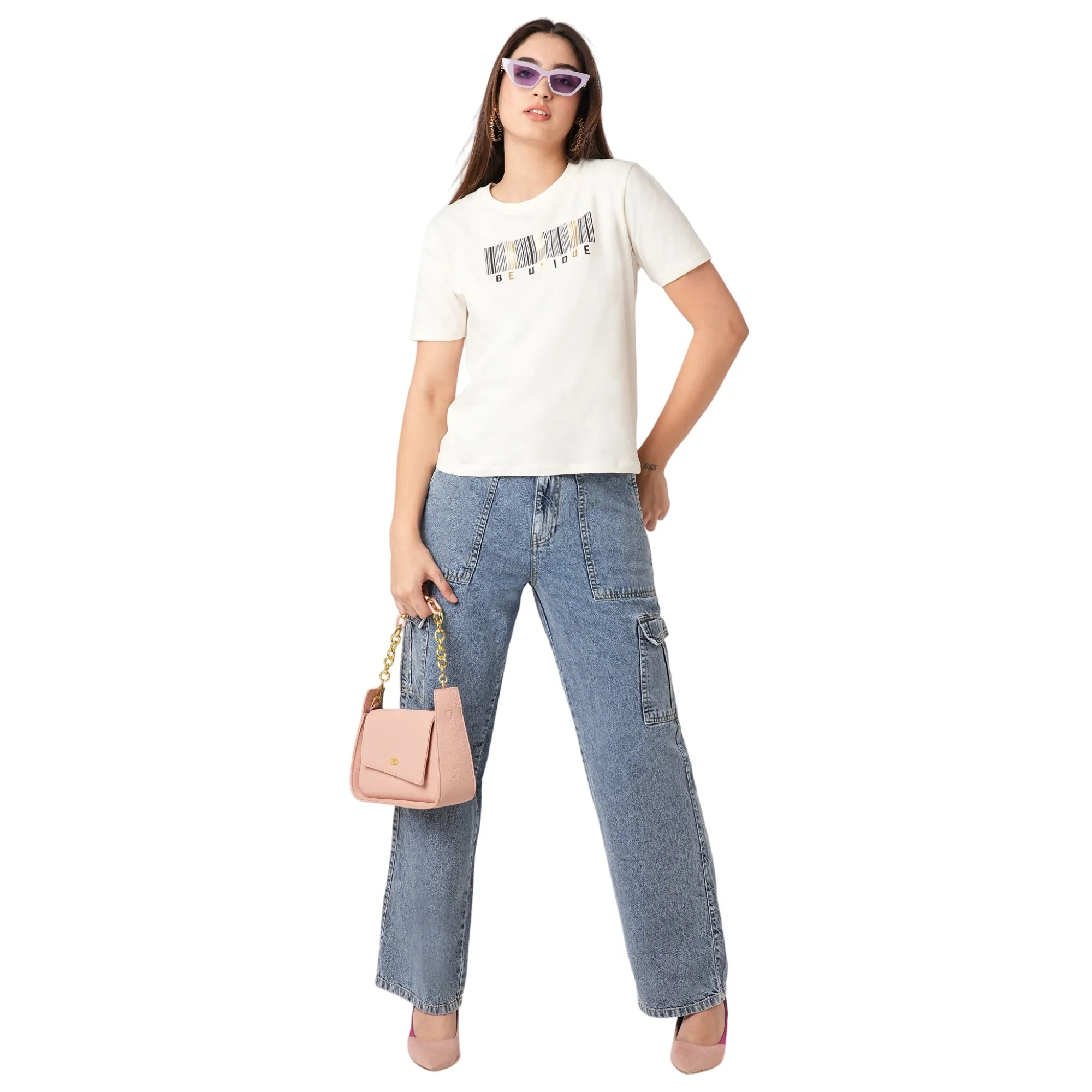 Women Slim Fit Ivory Boxy Chest Print T-Shirt