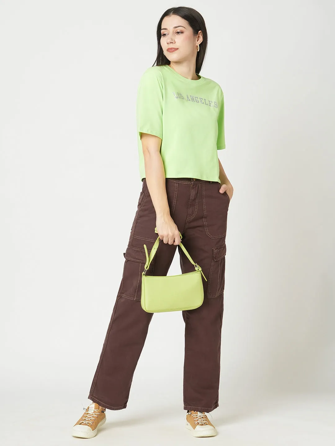 Women Slim Fit Leafy Solid Crop Chest Print T-Shirt