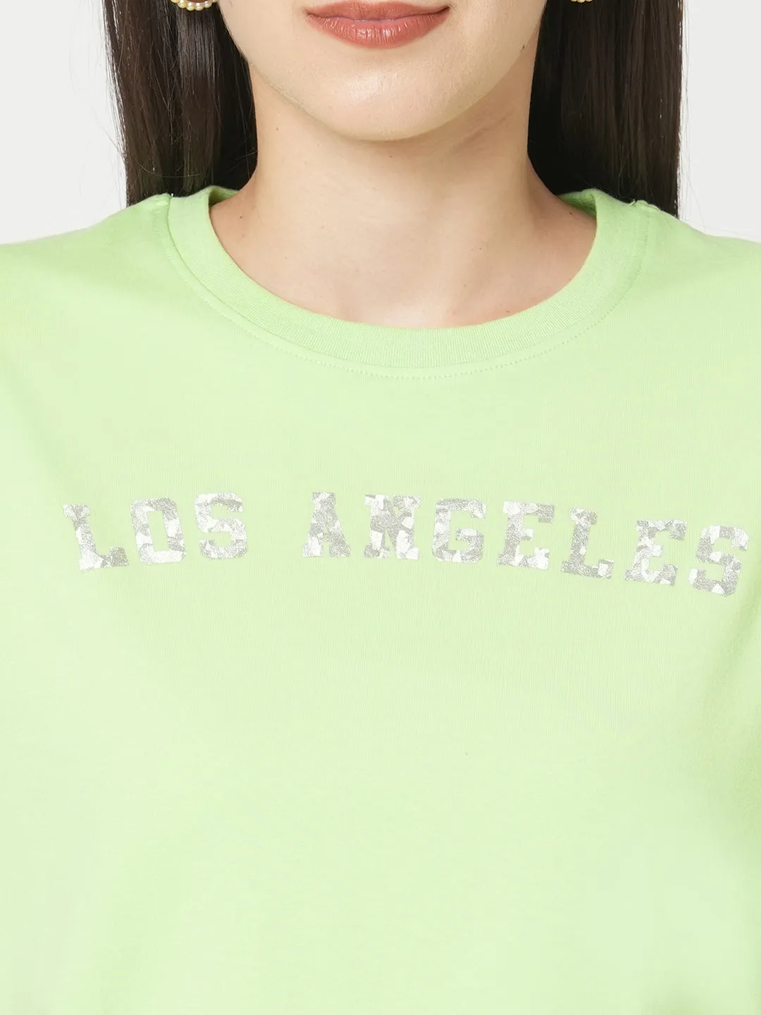 Women Slim Fit Leafy Solid Crop Chest Print T-Shirt