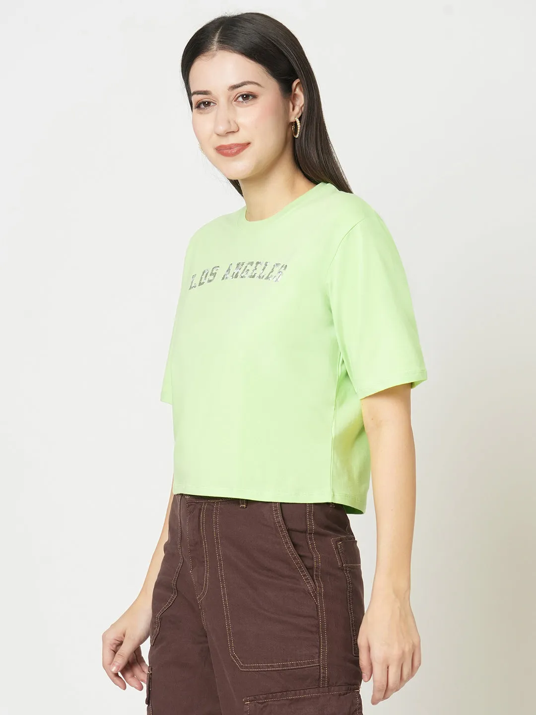 Women Slim Fit Leafy Solid Crop Chest Print T-Shirt