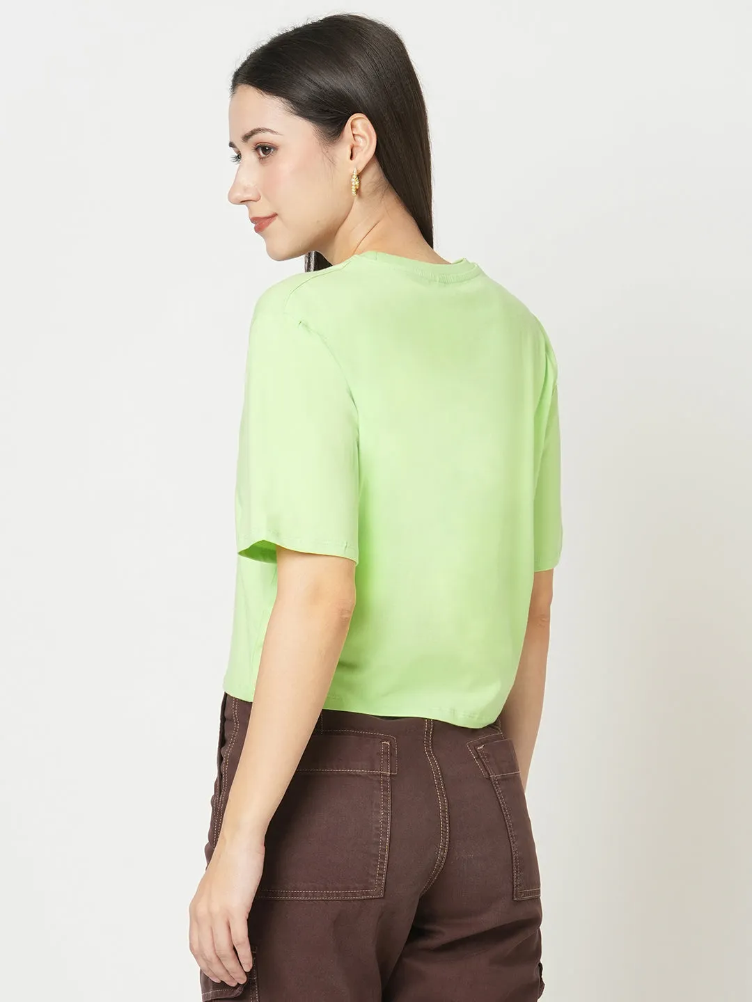 Women Slim Fit Leafy Solid Crop Chest Print T-Shirt
