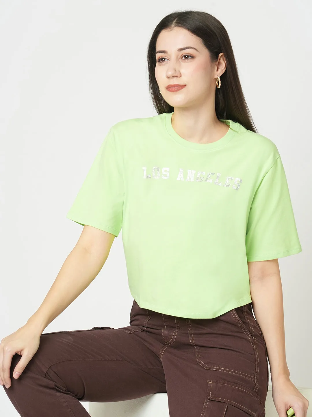 Women Slim Fit Leafy Solid Crop Chest Print T-Shirt
