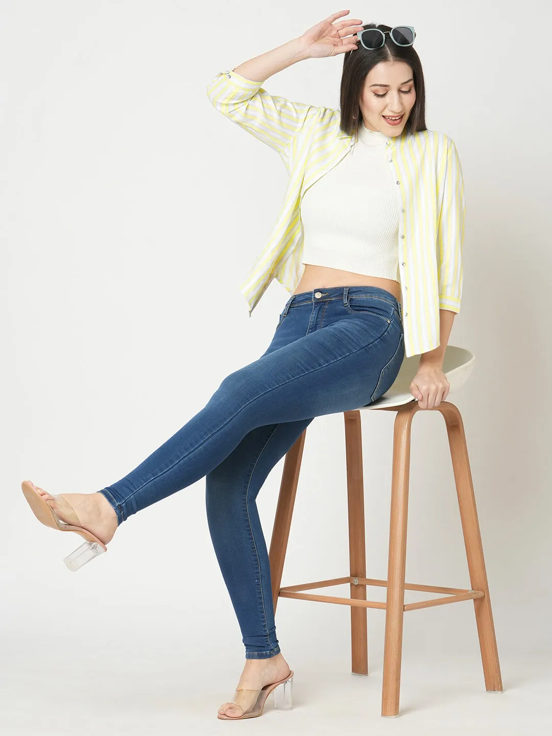Women Slim Fit Lime/White Stripe Shirt