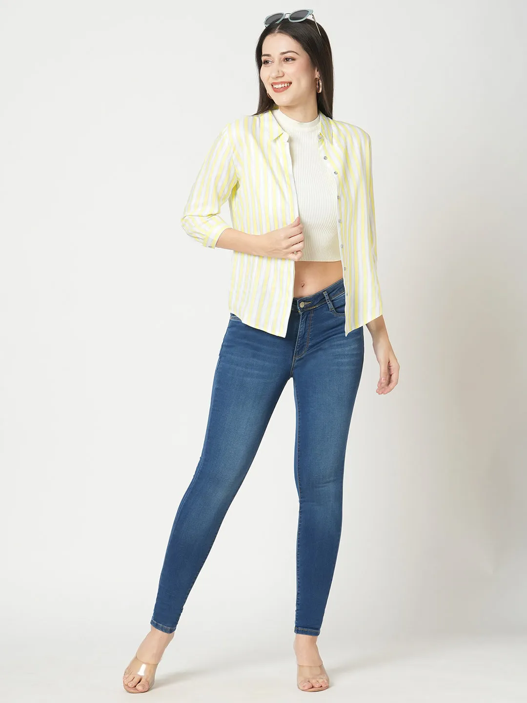 Women Slim Fit Lime/White Stripe Shirt
