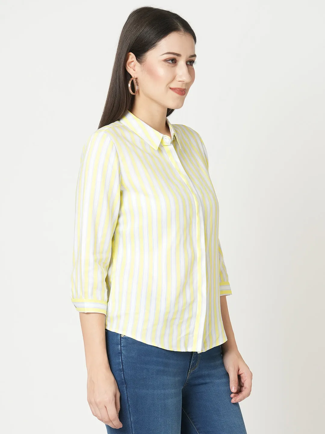 Women Slim Fit Lime/White Stripe Shirt