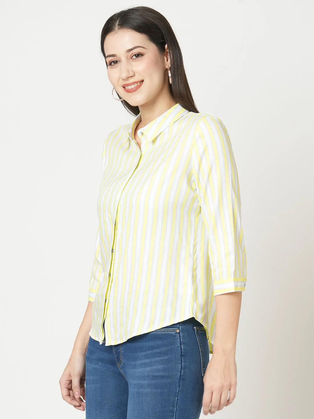Women Slim Fit Lime/White Stripe Shirt